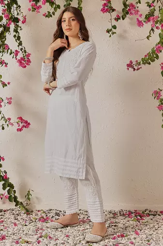 Hand embroidered white cotton lucknowi chikankari co-ord set