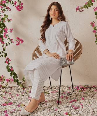 Hand embroidered white cotton lucknowi chikankari co-ord set 4