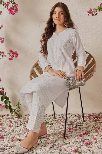 Hand embroidered white cotton lucknowi chikankari co-ord set