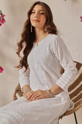 Hand embroidered white cotton lucknowi chikankari co-ord set