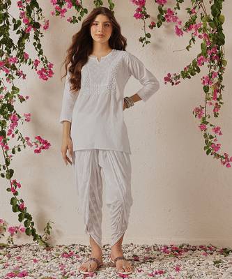 Hand embroidered white cotton lucknowi chikankari kurta and dhoti 1