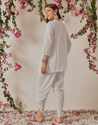 Hand embroidered white cotton lucknowi chikankari kurta and dhoti 2