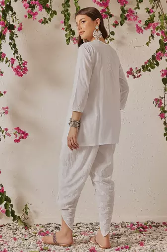 Hand embroidered white cotton lucknowi chikankari kurta and dhoti
