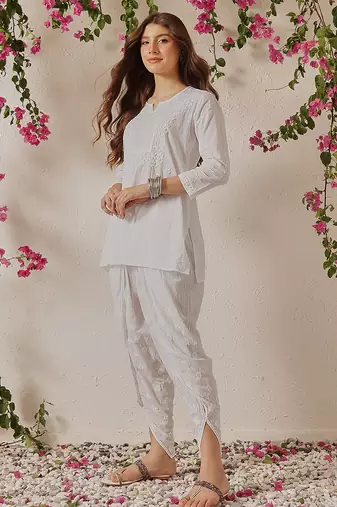 Hand embroidered white cotton lucknowi chikankari kurta and dhoti