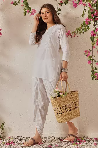 Hand embroidered white cotton lucknowi chikankari kurta and dhoti