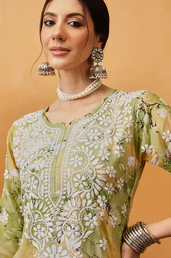Hand embroidered floral printed green and yellow cotton lucknowi chikankari co-ord set