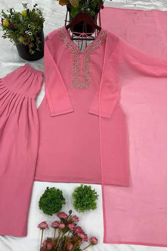 Pastel Pink with Embroidery Work Georgette Top-Bottom Dupatta Set 