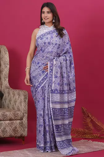 Light blue hand block floral and buti print cotton saree with blouse