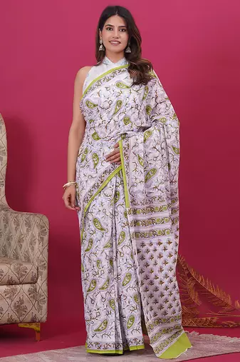 Multicolor hand block floral and buti print cotton saree with blouse