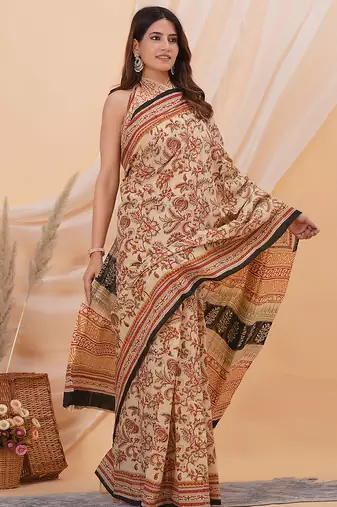 Beige red hand block floral and buti print cotton saree with blouse