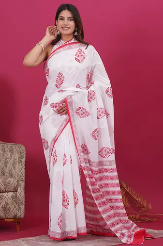 White pink hand block floral and buti print cotton saree with blouse
