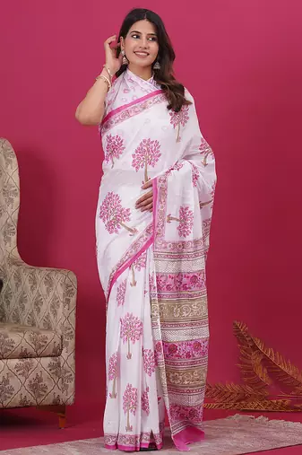 White pink hand block floral and buti print cotton saree with blouse
