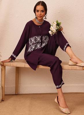 Hand embroidered wine cotton lucknowi chikankari co-ord set 6