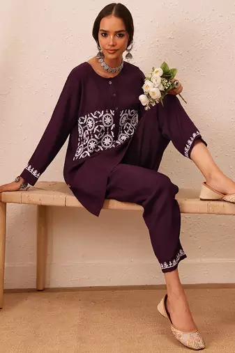 Hand embroidered wine cotton lucknowi chikankari co-ord set