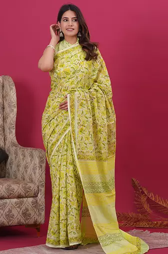 Yellow hand block floral and buti print cotton saree with blouse