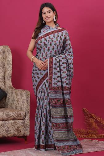 Grey pink hand block floral and buti print cotton saree with blouse