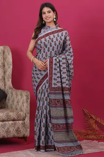 Grey pink hand block floral and buti print cotton saree with blouse