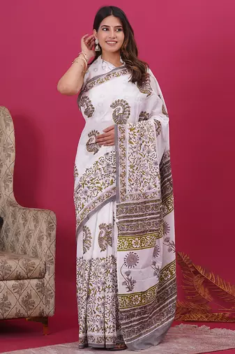 White grey hand block floral and buti print cotton saree with blouse