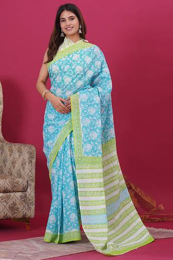 Sky blue green hand block floral and buti print cotton saree with blouse