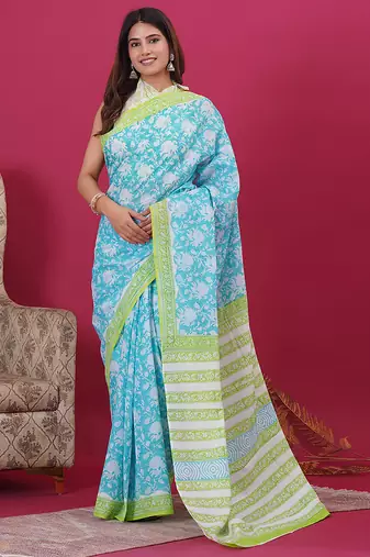 Sky blue green hand block floral and buti print cotton saree with blouse