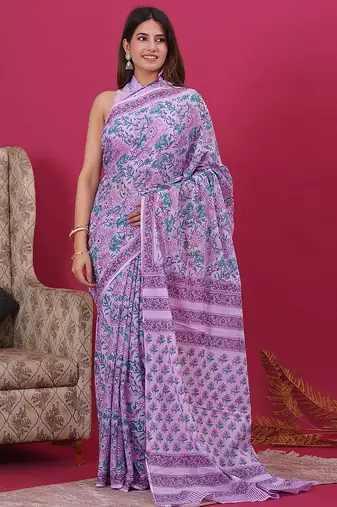 Light purple turquoise hand block floral and buti print cotton saree with blouse
