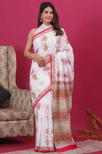 White pink hand block floral and buti print cotton saree with blouse