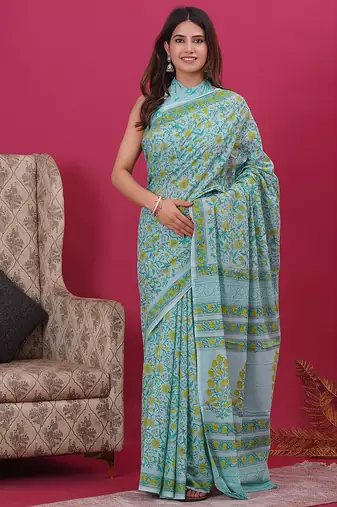 Light turquoise yellow hand block floral and buti print cotton saree with blouse