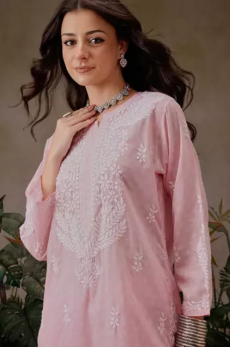 Hand embroidered pink cotton lucknowi chikankari co-ord set