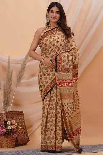 Beige red hand block floral and buti print cotton saree with blouse