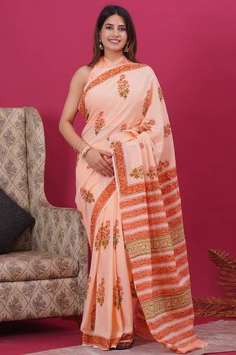 Light peach hand block floral and buti print cotton saree with blouse