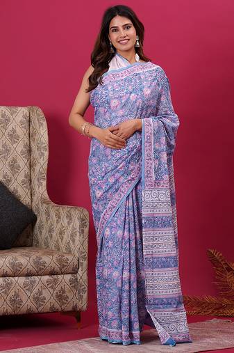Light blue hand block floral and buti print cotton saree with blouse