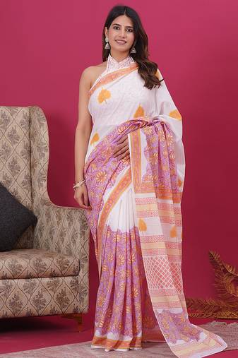 White pink hand block floral and buti print cotton saree with blouse