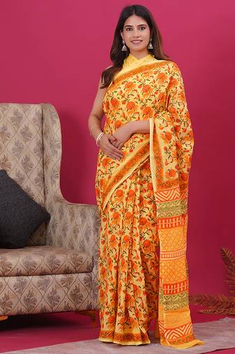 Yellow orange hand block floral and buti print cotton saree with blouse