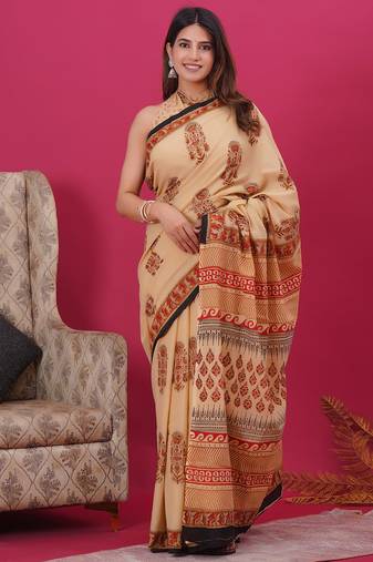 Beige red hand block floral and buti print cotton saree with blouse