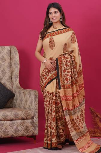 Beige maroon hand block floral and buti print cotton saree with blouse