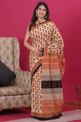Beige hand block floral and buti print cotton saree with blouse