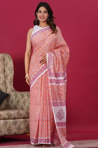 Peach hand block floral and buti print cotton saree with blouse