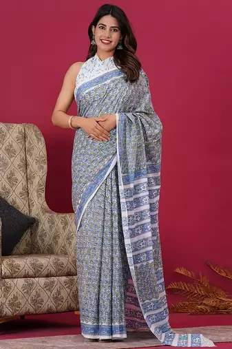 Grey hand block floral and buti print cotton saree with blouse