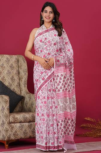 White pink hand block floral and buti print cotton saree with blouse