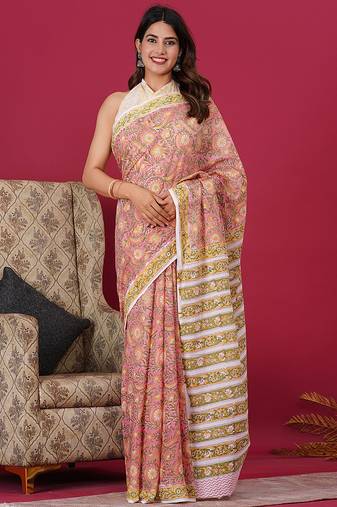 Light pink hand block floral and buti print cotton saree with blouse