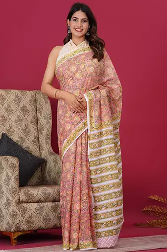 Light pink hand block floral and buti print cotton saree with blouse