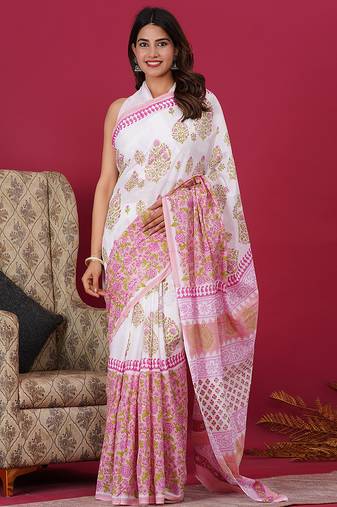 Pink hand block floral and buti print cotton saree with blouse