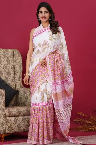 Pink hand block floral and buti print cotton saree with blouse