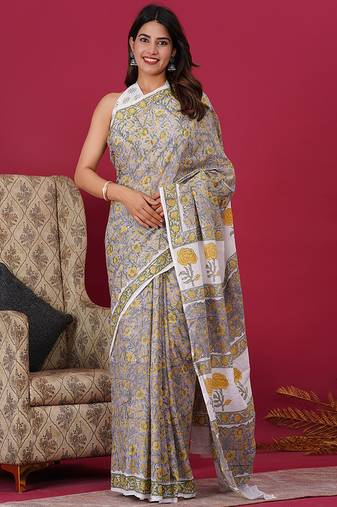 Grey hand block floral and buti print cotton saree with blouse