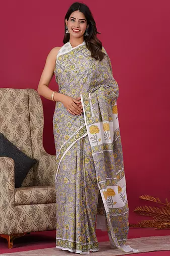 Grey hand block floral and buti print cotton saree with blouse