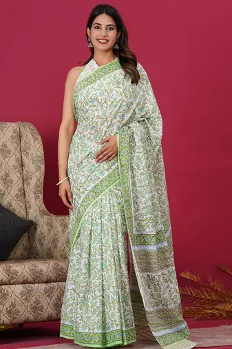 Green white hand block floral and buti print cotton saree with blouse