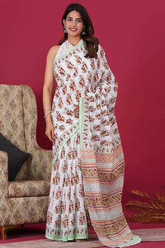 White maroon hand block floral and buti print cotton saree with blouse