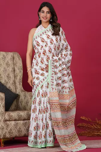 White maroon hand block floral and buti print cotton saree with blouse