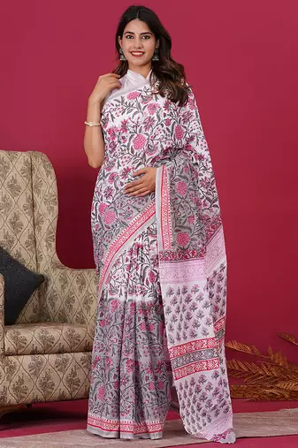 Multicolor hand block floral and buti print cotton saree with blouse