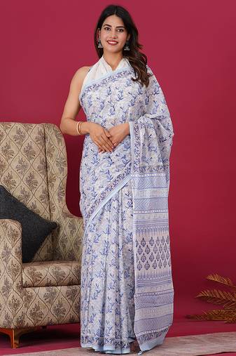 Light blue hand block floral and buti print cotton saree with blouse